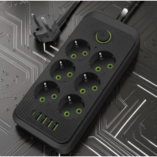 Мережевий фільтр Power Socket F06U, подовжувач на 6 розеток з 4 USB і Type-C, мережевий подовжувач 2 метра  чорний, подовжувач