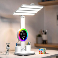 Настільна лампа акумуляторна з 4 плафонами та RGB підсвіткою KRX-104 LED лампа з вентилятором, годинником і дисплеєм для столу