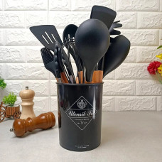 Набір кухонного приладдя 12 предметів Kitchen Set, силіконовий кухонний набір для приготування їжі з дерев’яними ручками