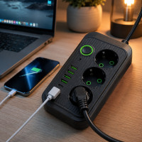 Мережевий подовжувач-розгалужувач на 3 розетки з 4 USB-A та USB Type-C, кабель 2 м, 10 А