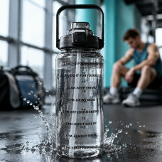 Спортивна пляшка для води 2 л із трубочкою та ручкою, пластикова, чорна